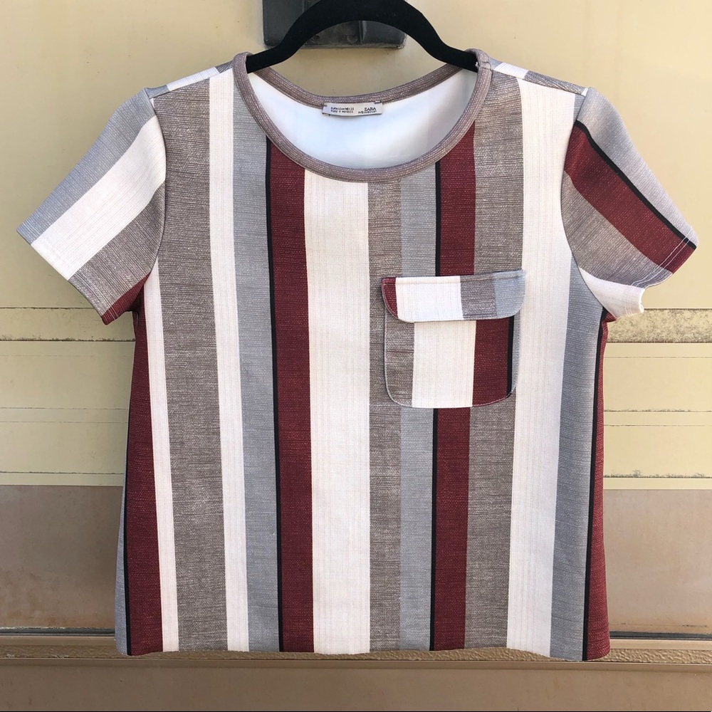 ZARA Striped Raw Hem Pocket Top Medium